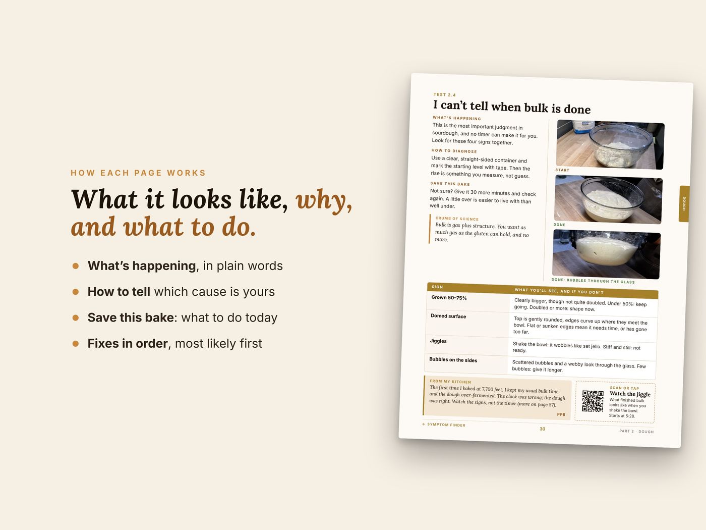 A page explaining how to tell when bulk fermentation is done, with photos and a table of signs